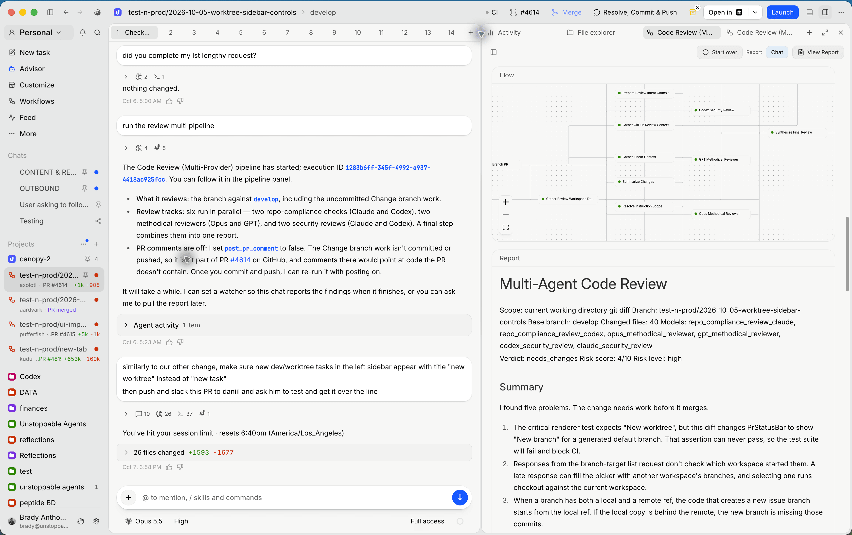 Multi-agent code review in Unstoppable, with a conversation on the left and a connected review workflow and report on the right