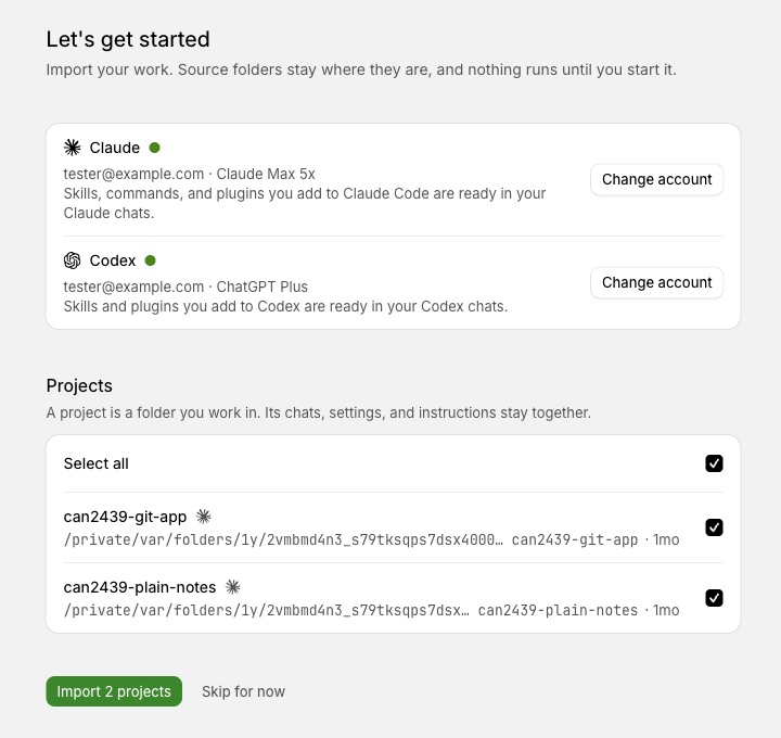 The Let's get started page with signed-in Claude and Codex account rows, two checked projects, and Import 2 projects and Skip for now buttons. Screenshot from development with test data and example paths.