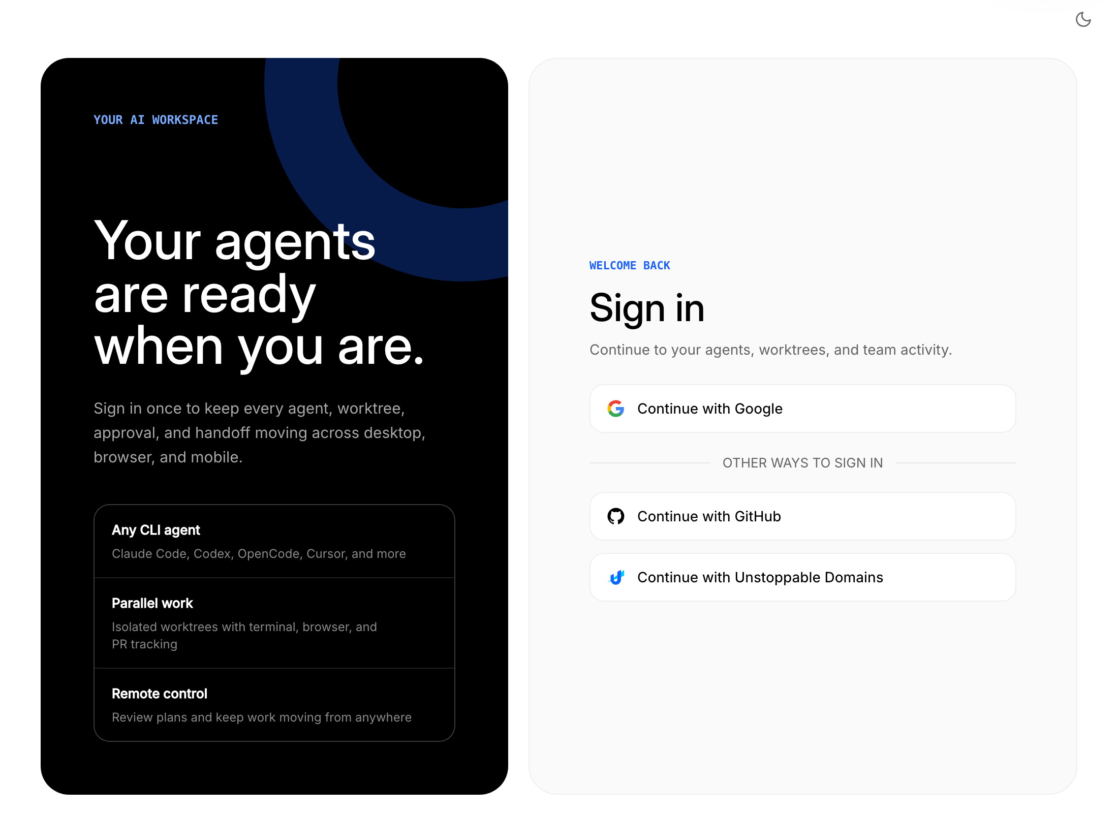 The sign-in page with Continue with Google, Continue with GitHub, and Continue with Unstoppable Domains