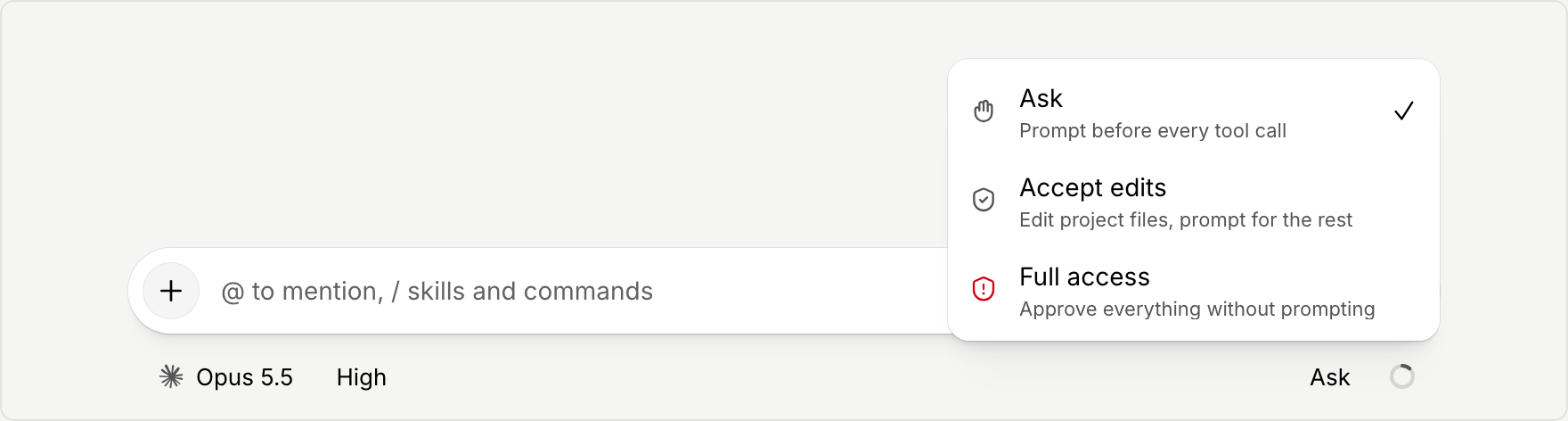 The chat composer with the approval mode menu open, listing Ask, Accept edits, and Full access with a short description under each