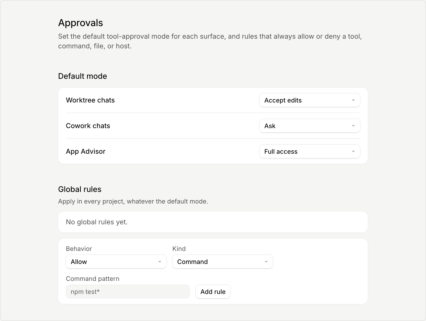 The Approvals settings page with a Default mode menu for Worktree chats, Cowork chats, and App Advisor, above the Global rules section