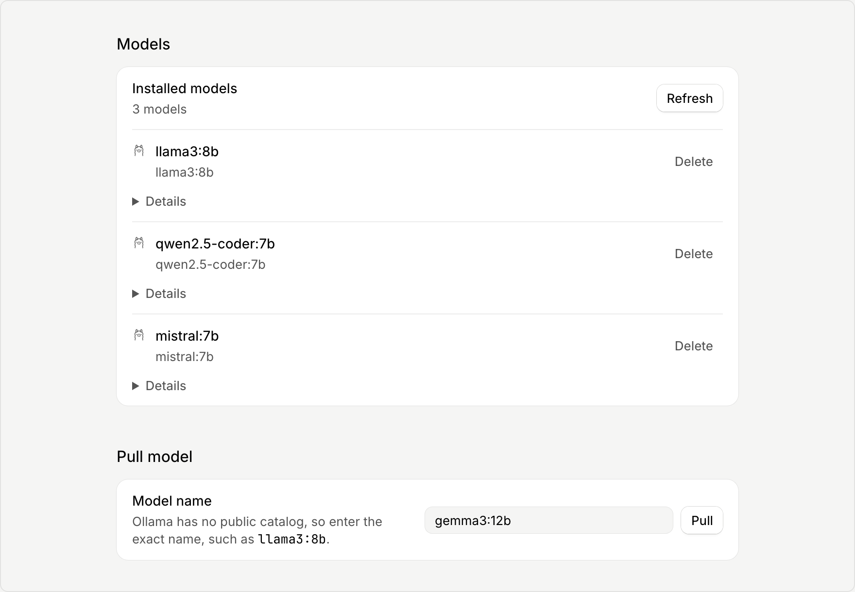 The Models section of Ollama settings listing three installed models, above the Pull model section with a model name field and a Pull button