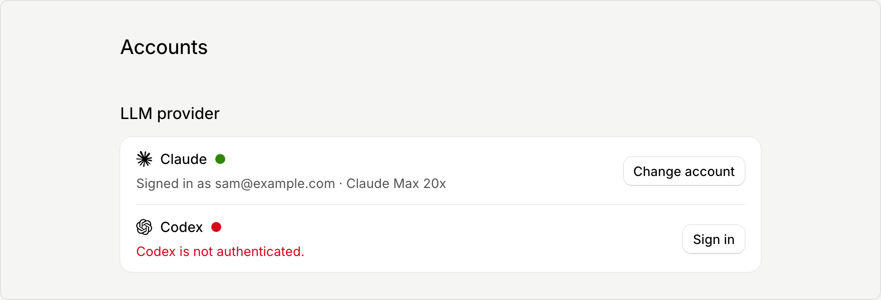 The LLM provider section of Accounts settings. Claude is signed in and offers Change account, and Codex offers Sign in