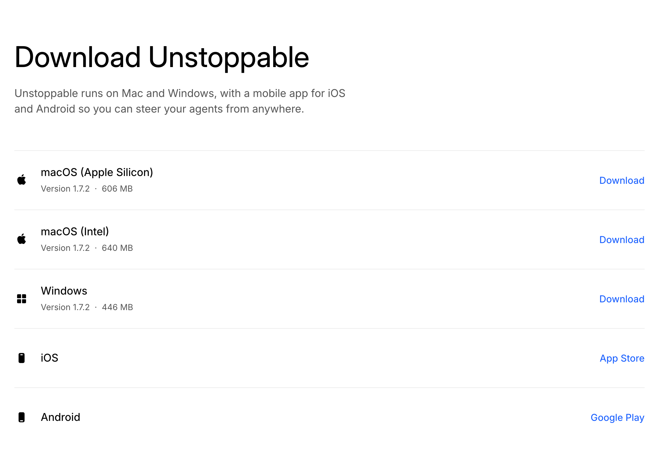 The download page listing the macOS (Apple Silicon), macOS (Intel), and Windows builds with a Download link beside each, followed by iOS and Android