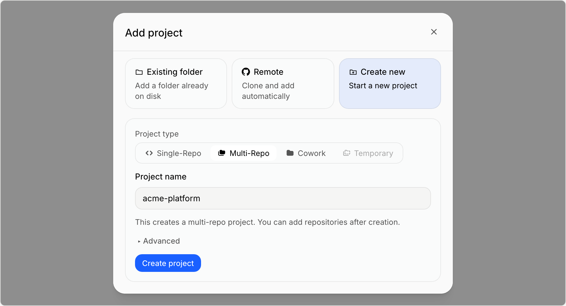 The Add project dialog with three starting points, Existing folder, Remote, and Create new. Create new is selected, with a project type, a project name, and a Create project button