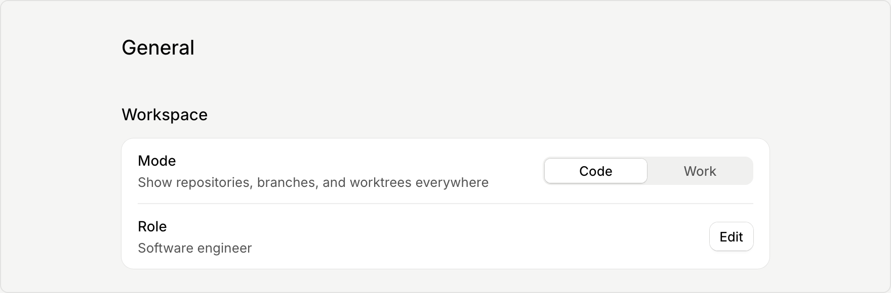 The Workspace section of General settings, with the Mode row set to Code next to a Work option