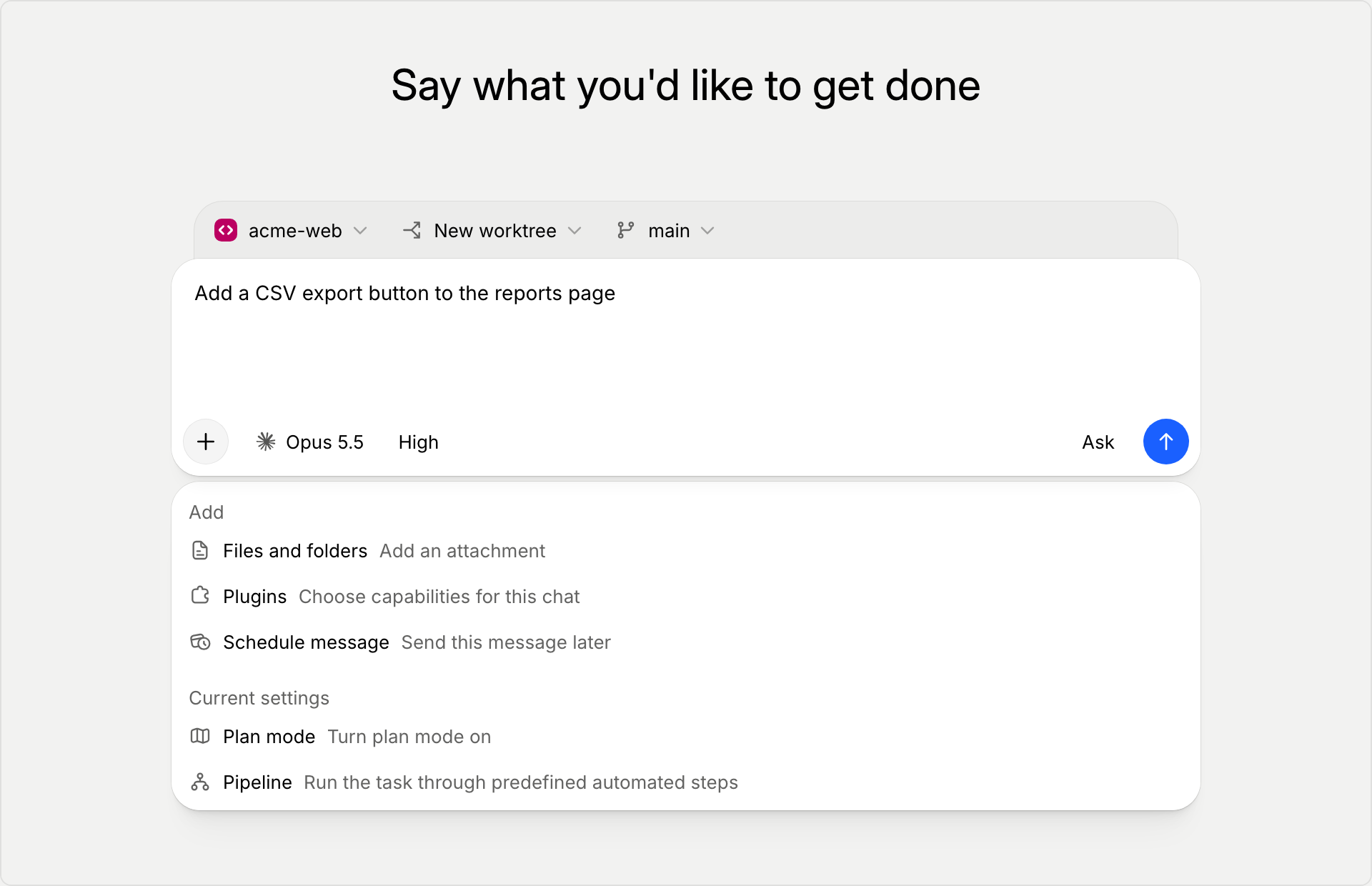 The New task composer for the acme-web project, with New worktree and the main branch selected and a task typed in the message box. The + menu is open, listing Files and folders, Plugins, and Schedule message, then Plan mode and Pipeline