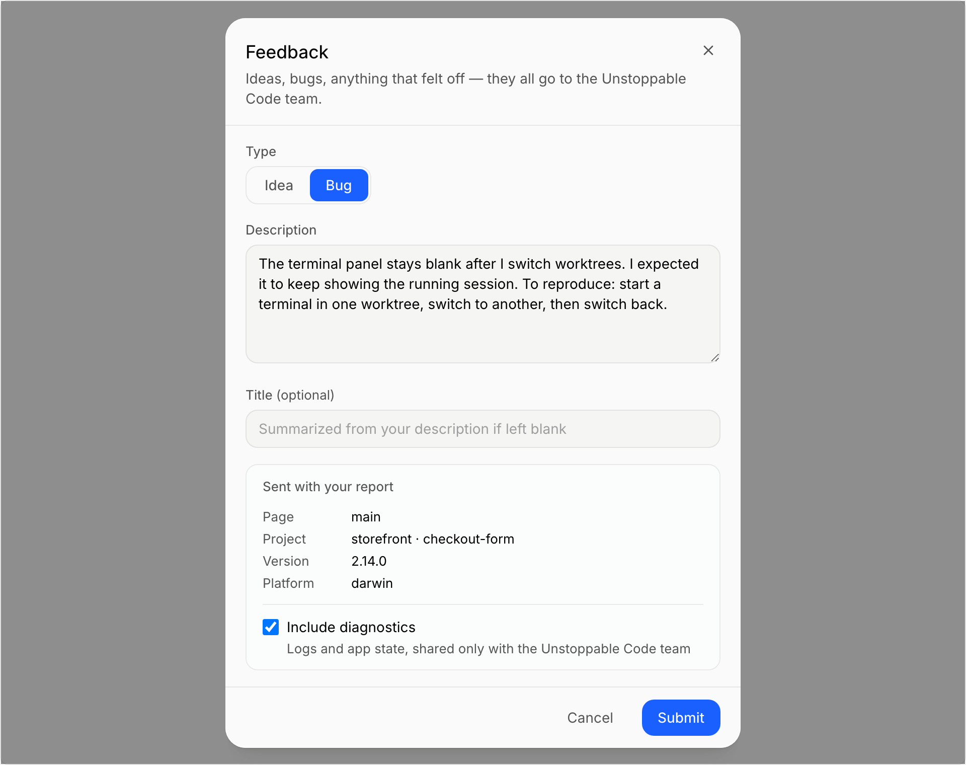 The Feedback dialog with Type set to Bug, a description, the details sent with the report, Include diagnostics turned on, and a Submit button