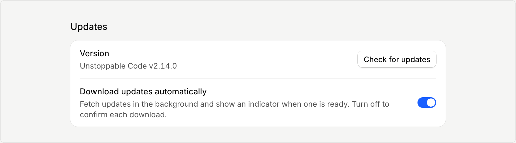 The Updates section of General settings with the Version row, a Check for updates button, and the Download updates automatically switch turned on